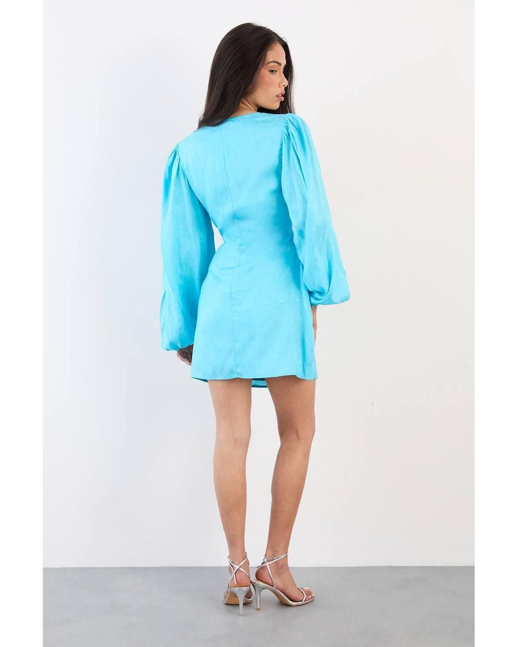 Warehouse Blue Blouson Sleeve Jacquard Mini Dress