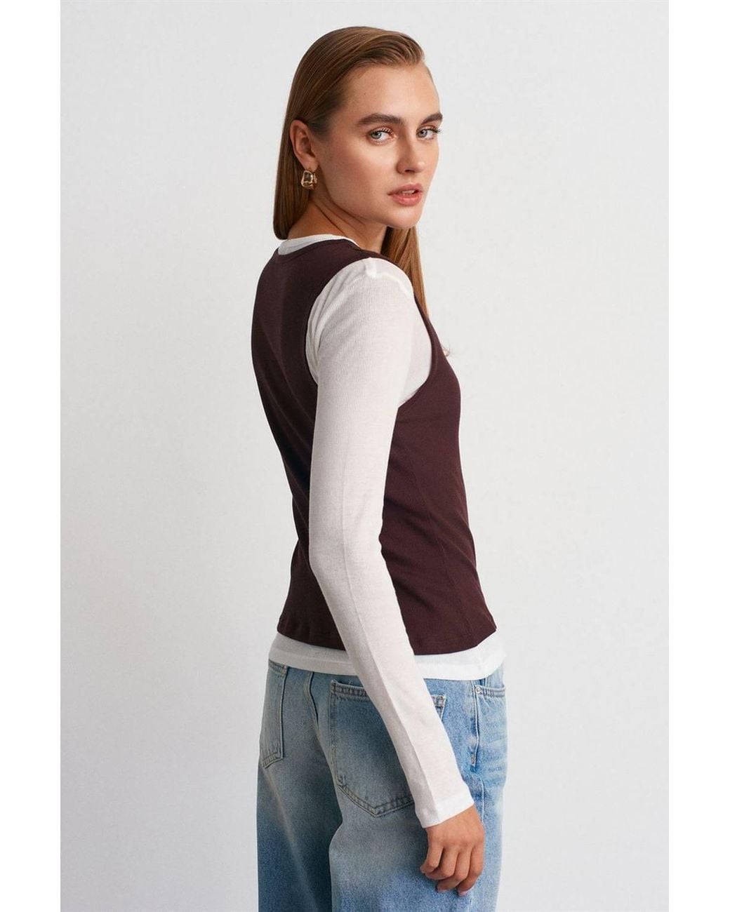 Dilvin Black Fitted Cotton Crew Neck Long Sleeve Blouse