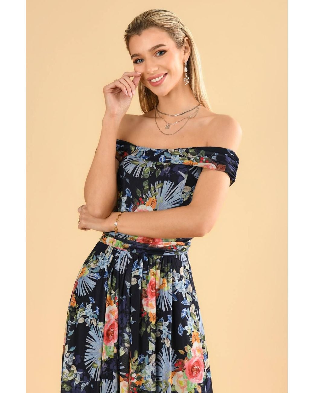 Jolie Moi Blue Rezka Shoulder Mesh Midi Dress