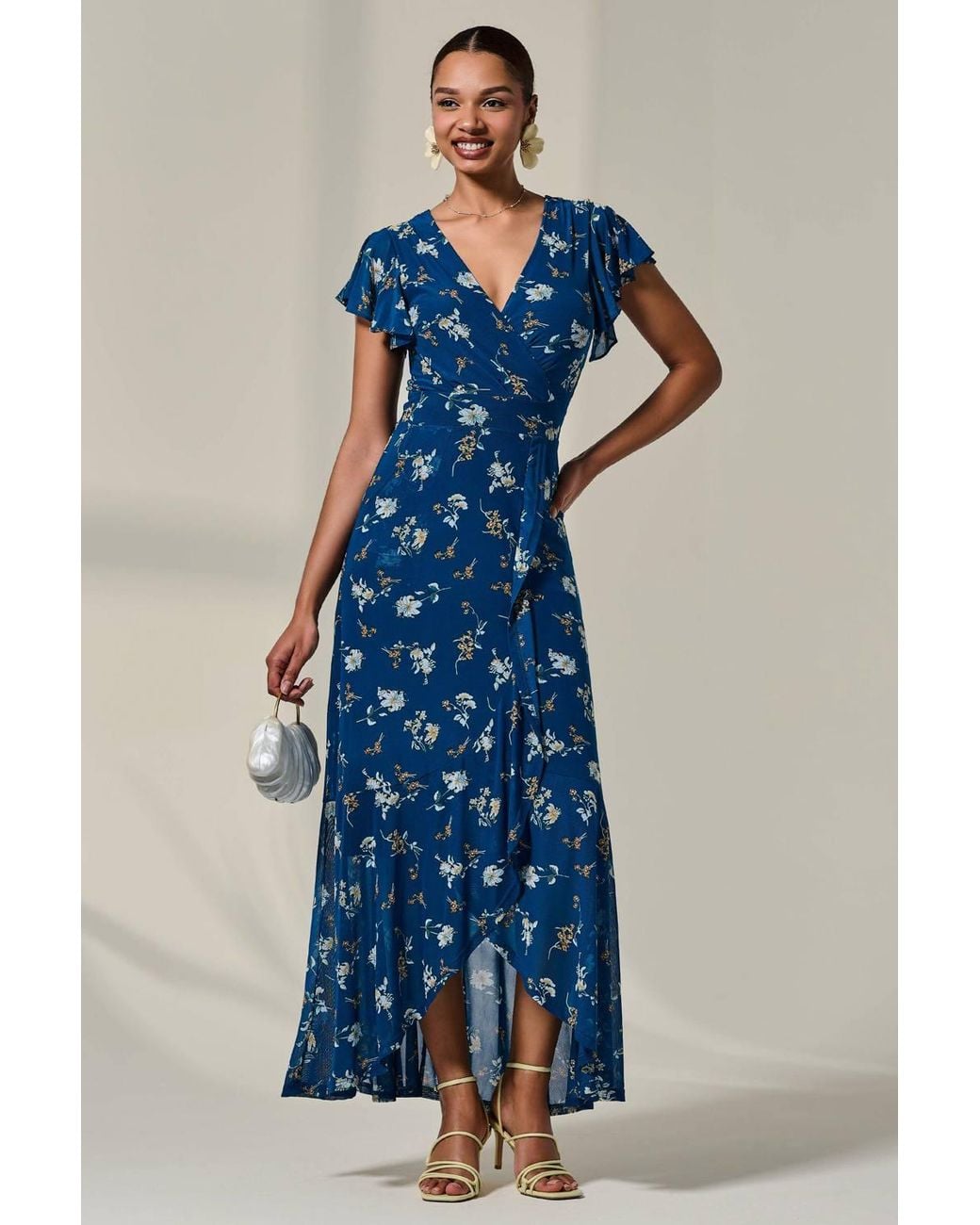 Jolie Moi Blue Floral Ruffle Hem Maxi Dress