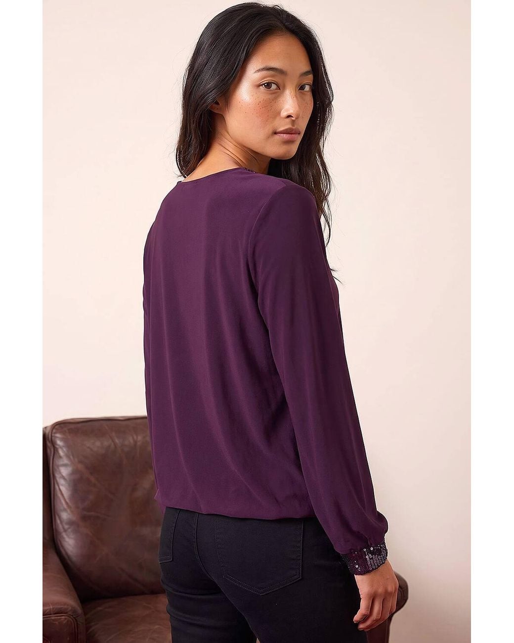 Roman Purple Petite Sequin Trim Blouson Top