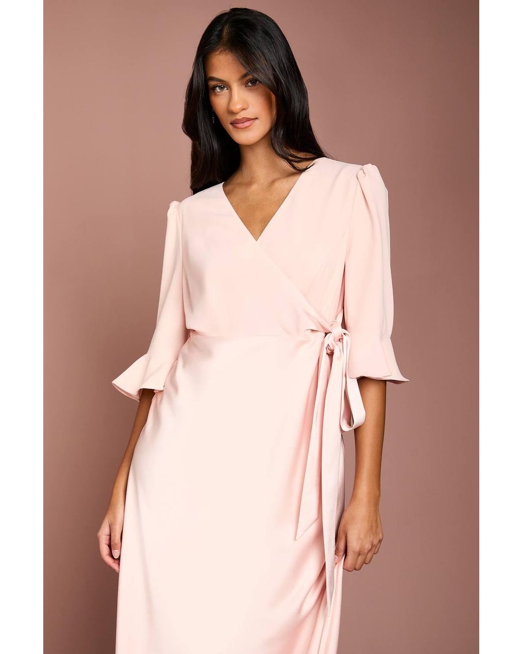 Coast Pink Petite Ruffle Sleeve Satin Back Crepe Wrap Dress