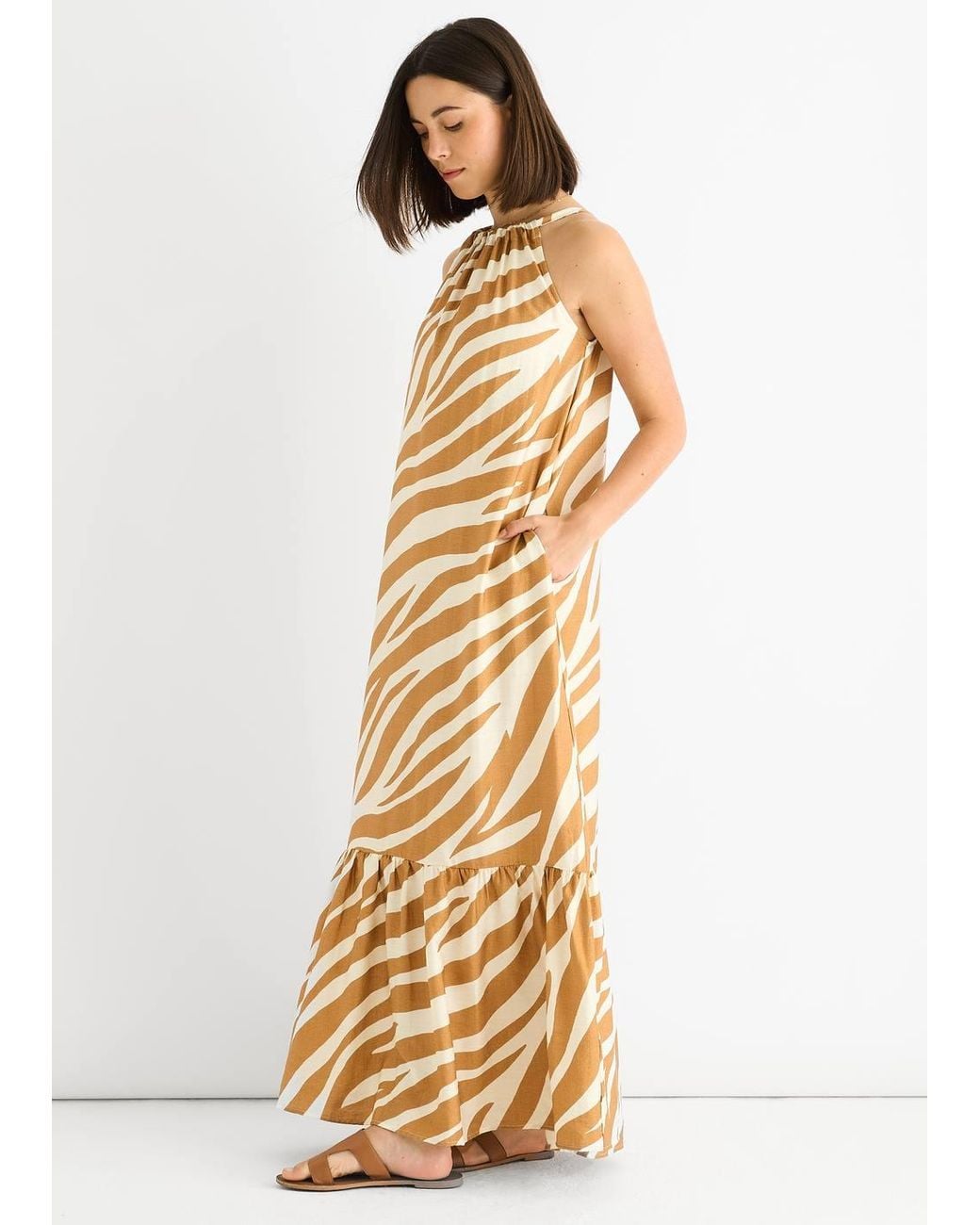 Gini London Metallic Zebra Print Halter Neck Maxi Dress