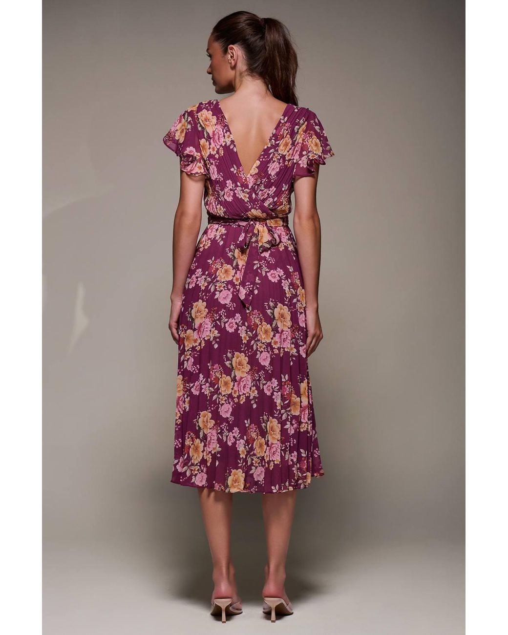 Jolie Moi Pink Printed Ruffle Detail Pleated Chiffon Midi Dress