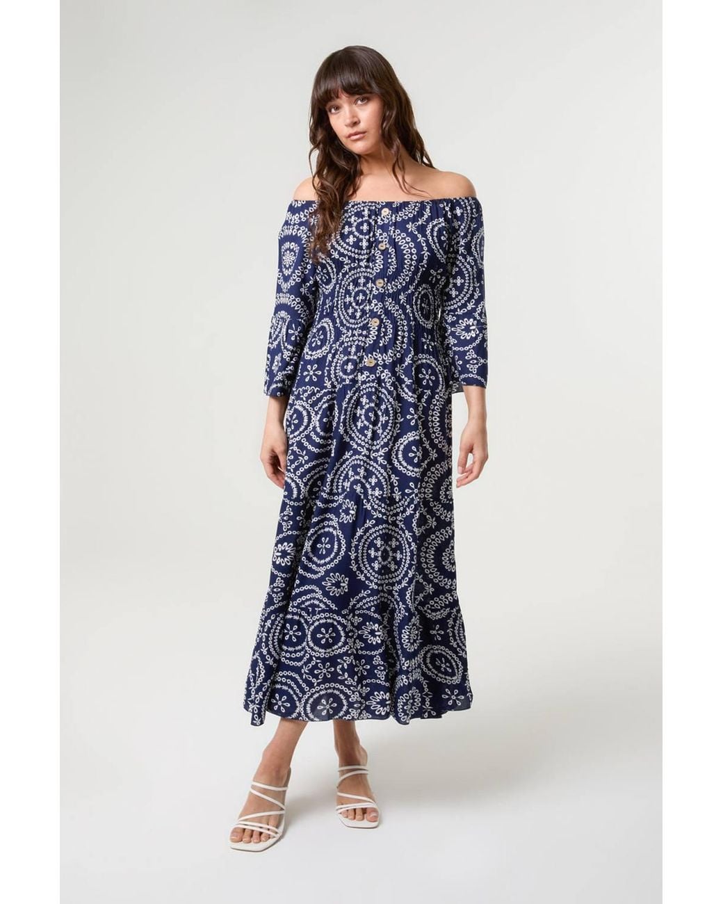 Blue Vanilla Blue Shirred Waist Three Quarter Sleeve Bardot Maxi Dress