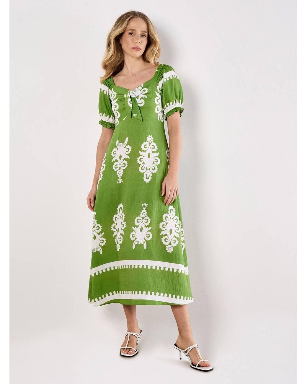 Apricot Green Folk Floral Print Midi Dress