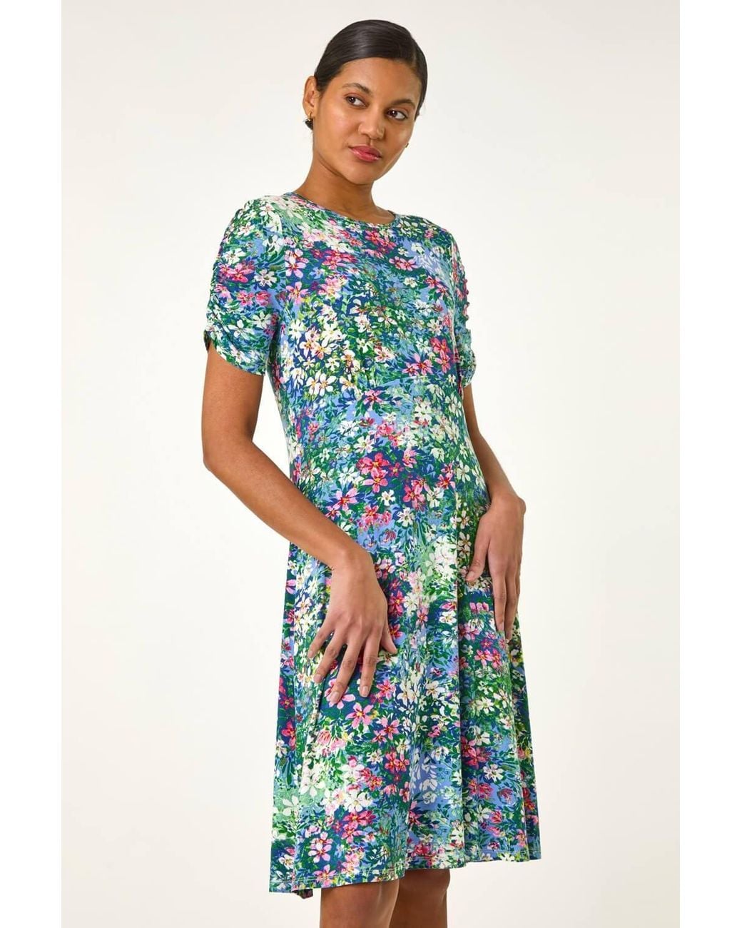 Roman Blue Ditsy Floral Print Stretch Short Dress