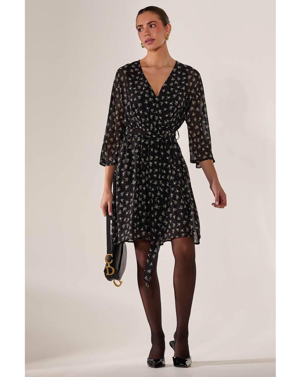 Jolie Moi Black Chiffon 3/4 Sleeve Mini Dress