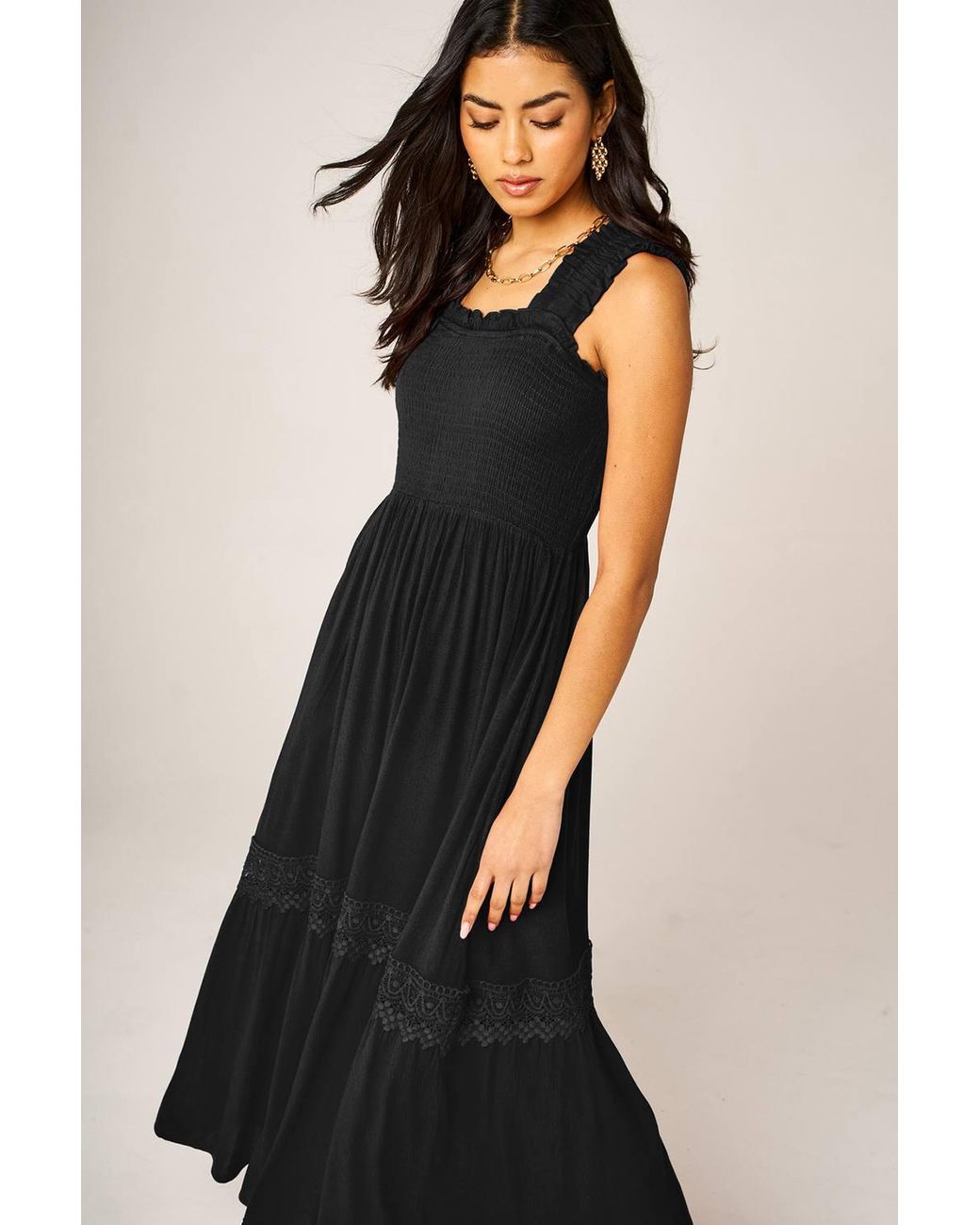 FS Collection Black Shirred Bodice Tiered Midi Dress With Lace Trim