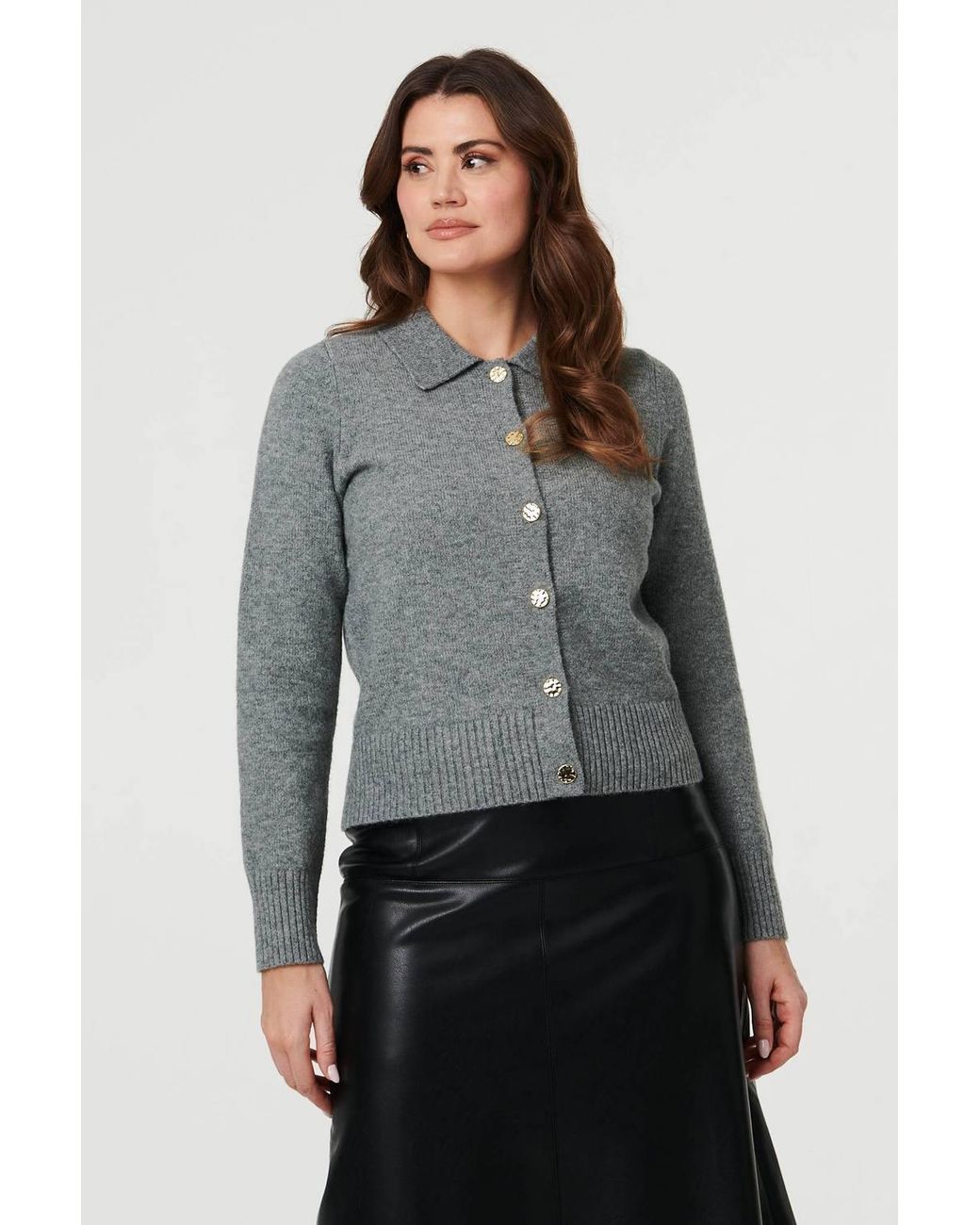 Izabel London Gray Textured Button Front Collared Cardigan