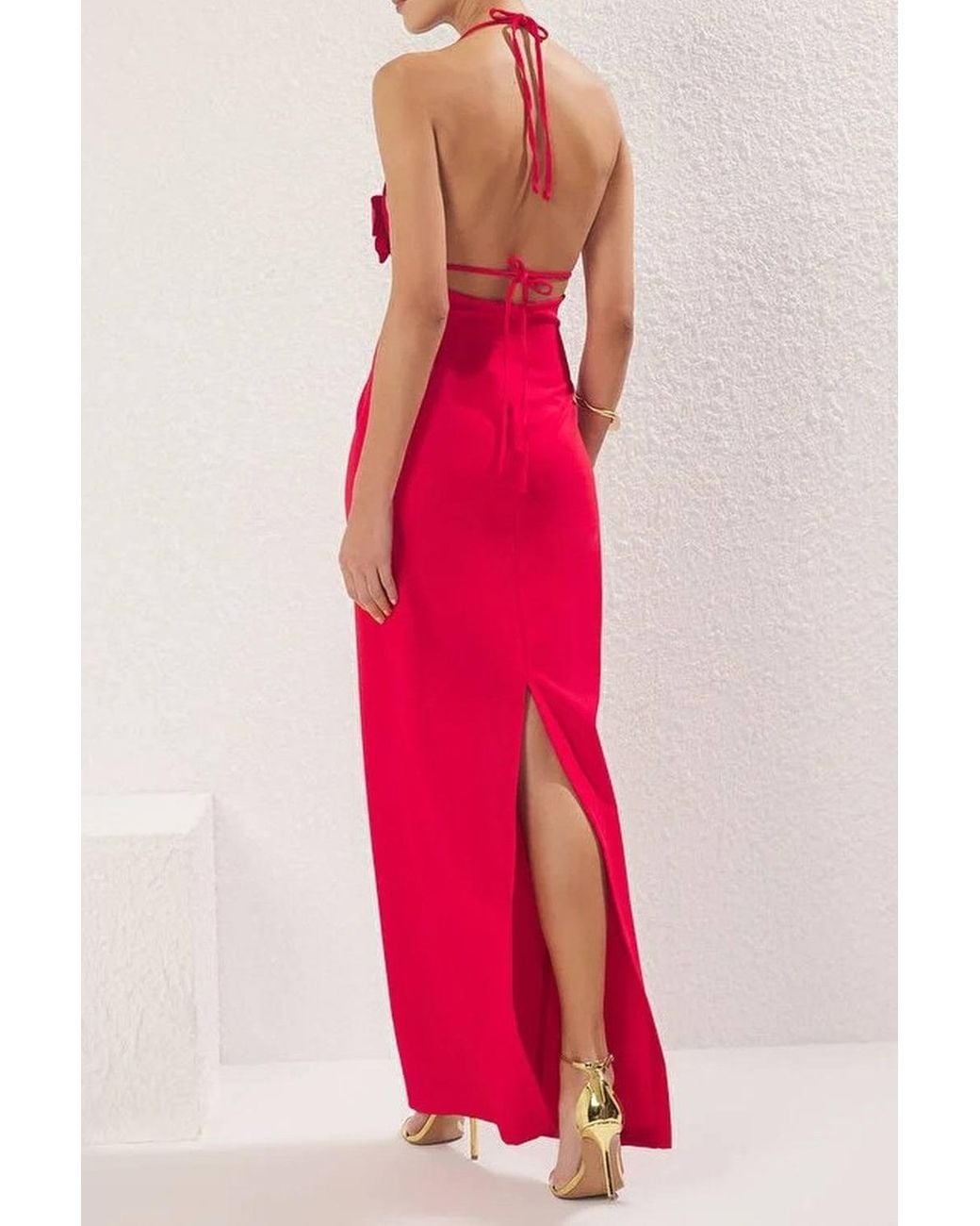 WOVCOR Pink Halterneck Floral Applique Maxi Dress