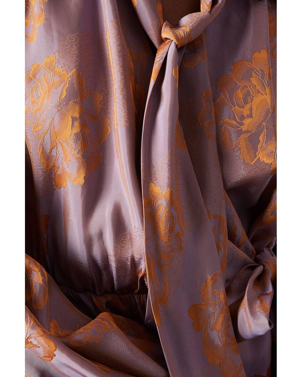 Warehouse Gray Satin Rose Jacquard Tie Neck Flippy Mini Dress