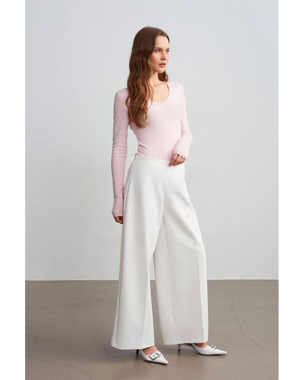Dilvin White High-Waist Wide-Leg Crepe Trousers