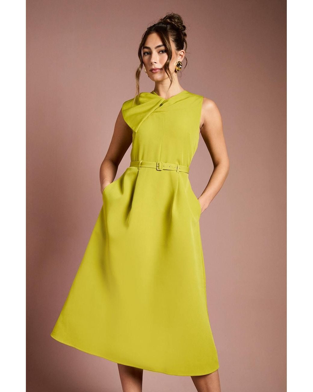 Coast Yellow Bow Detail Belted Crepe Midi Dress