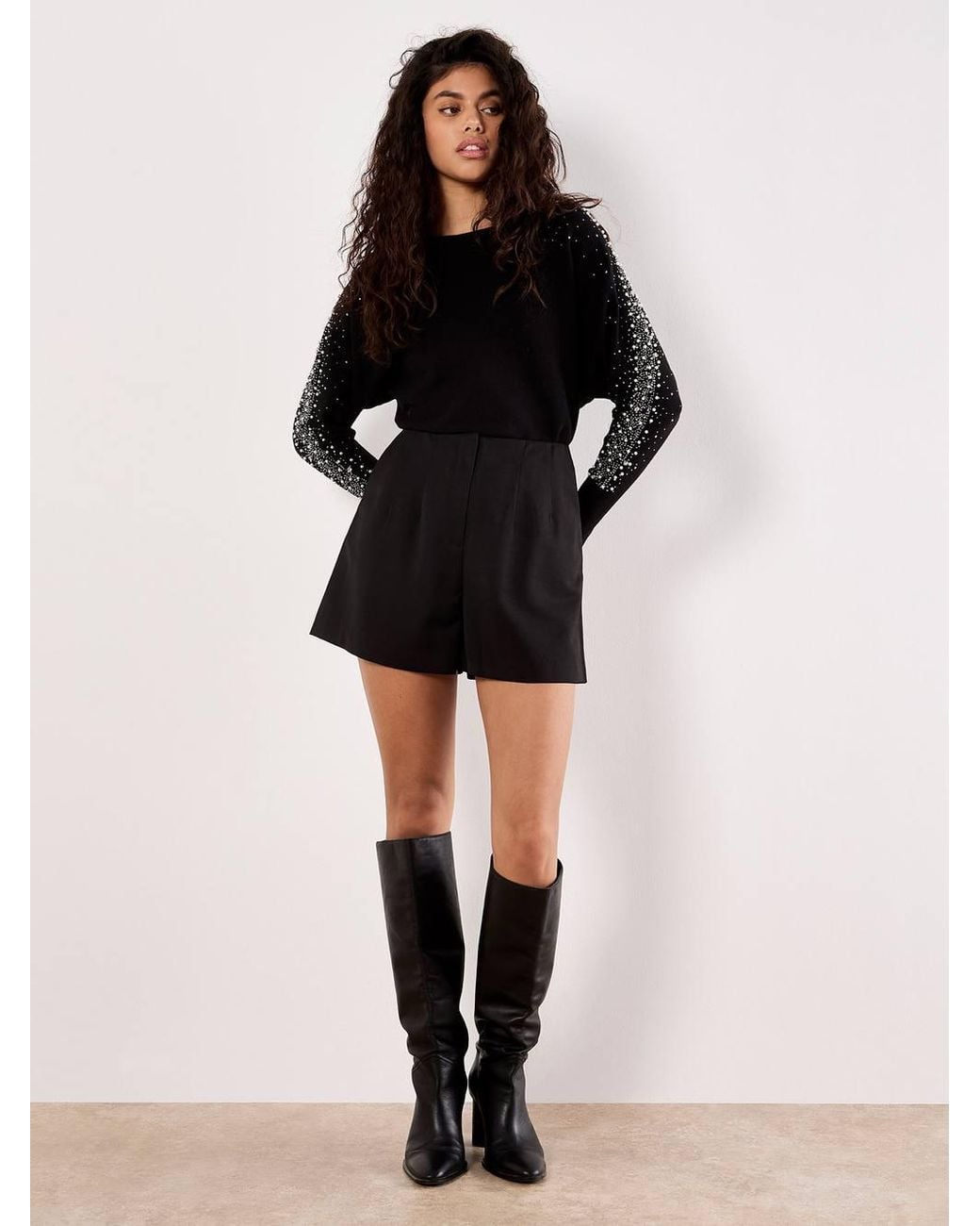 Apricot Black Faux Pearl Gem Embellished Jumper