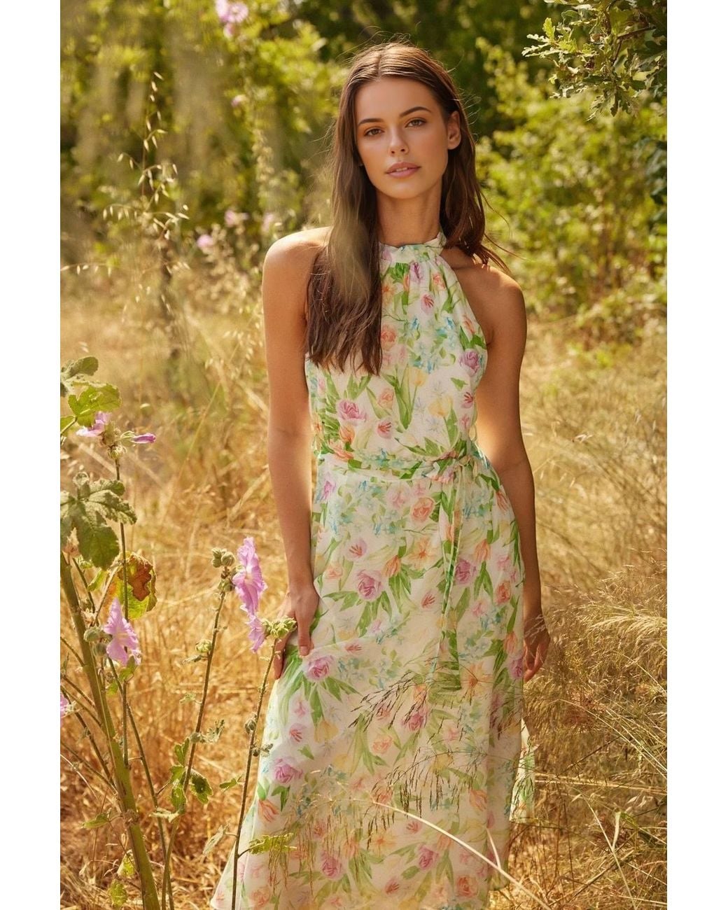 WOVCOR Yellow Floral Halterneck Midaxi Summer Occasion Dress