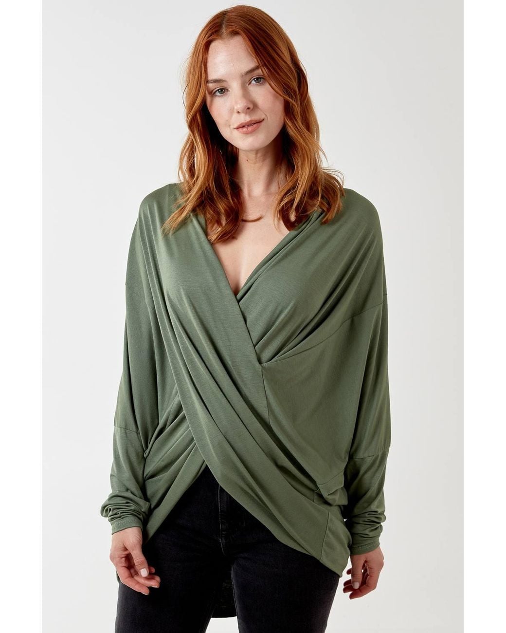 Blue Vanilla Green Asymmetric Drape Front Top