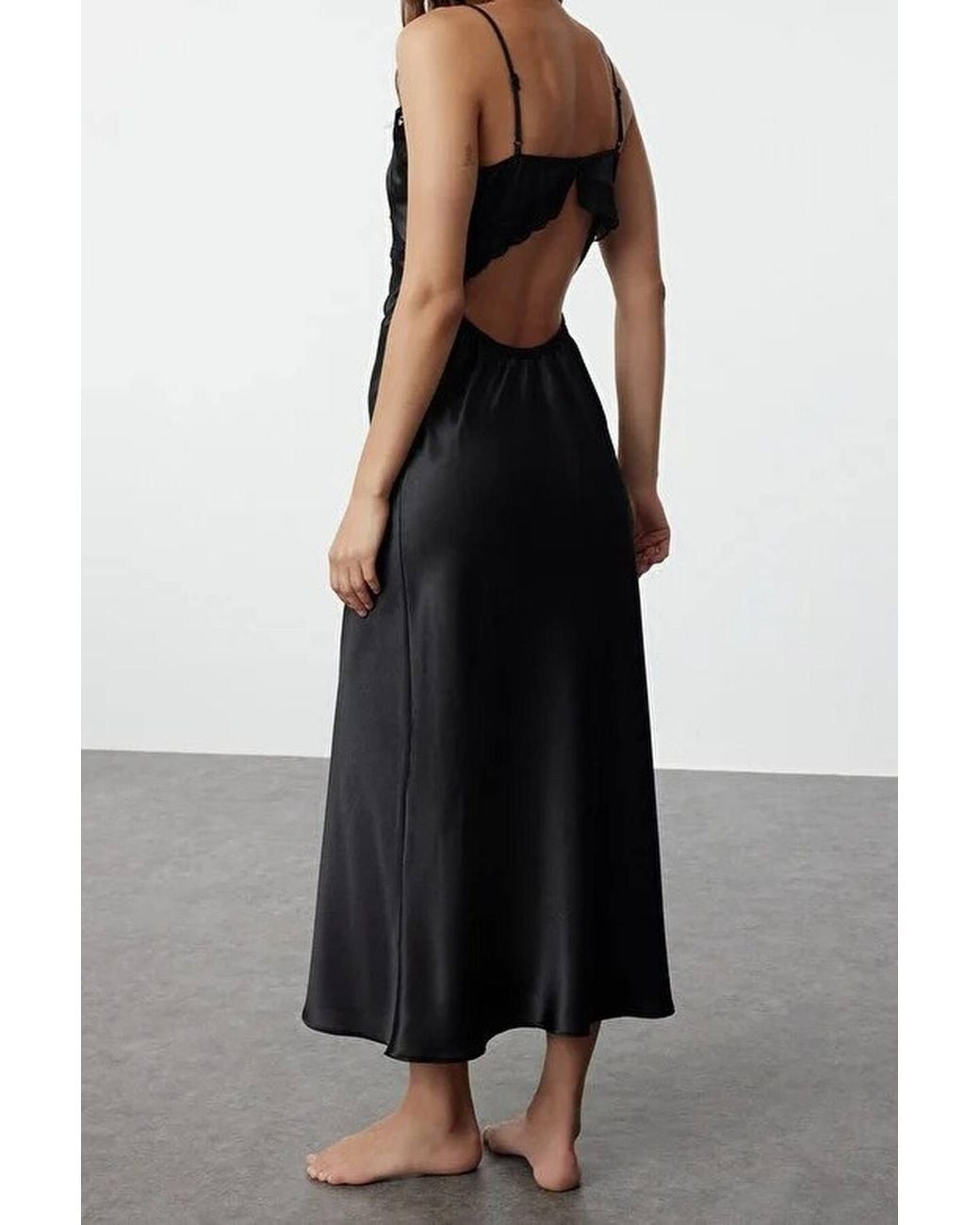 WOVCOR Black Lace Trim V-Neck Satin Strappy Midi Nightdress