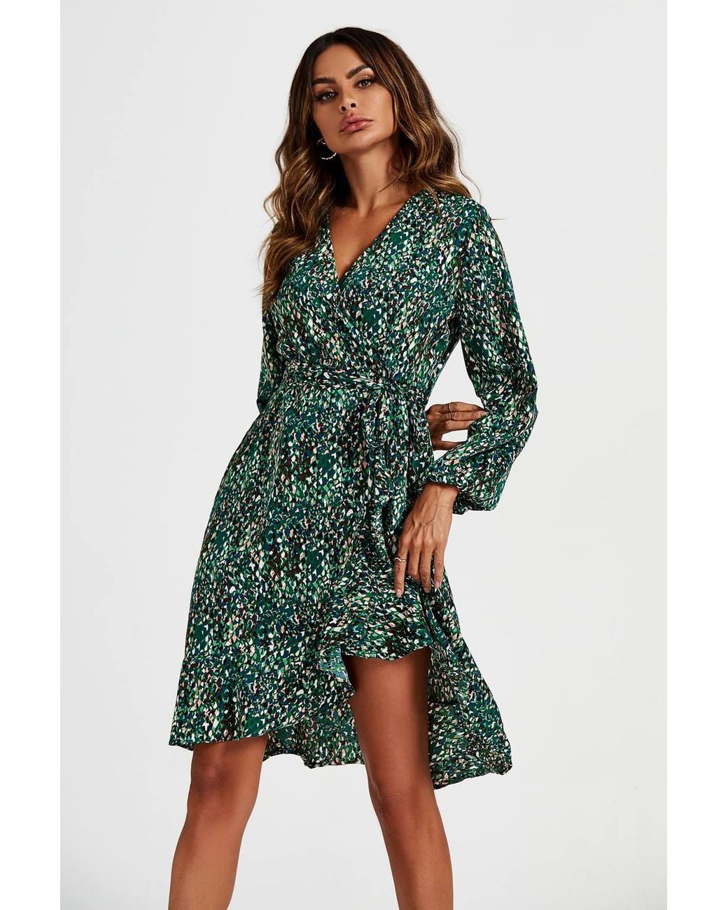 FS Collection Green Wrap Top Midi Dress
