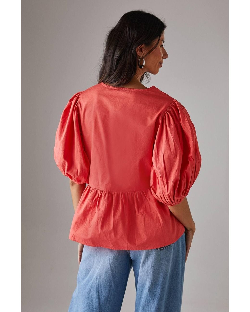 Warehouse Red Poplin Tie Front Volume Sleeve Blouse