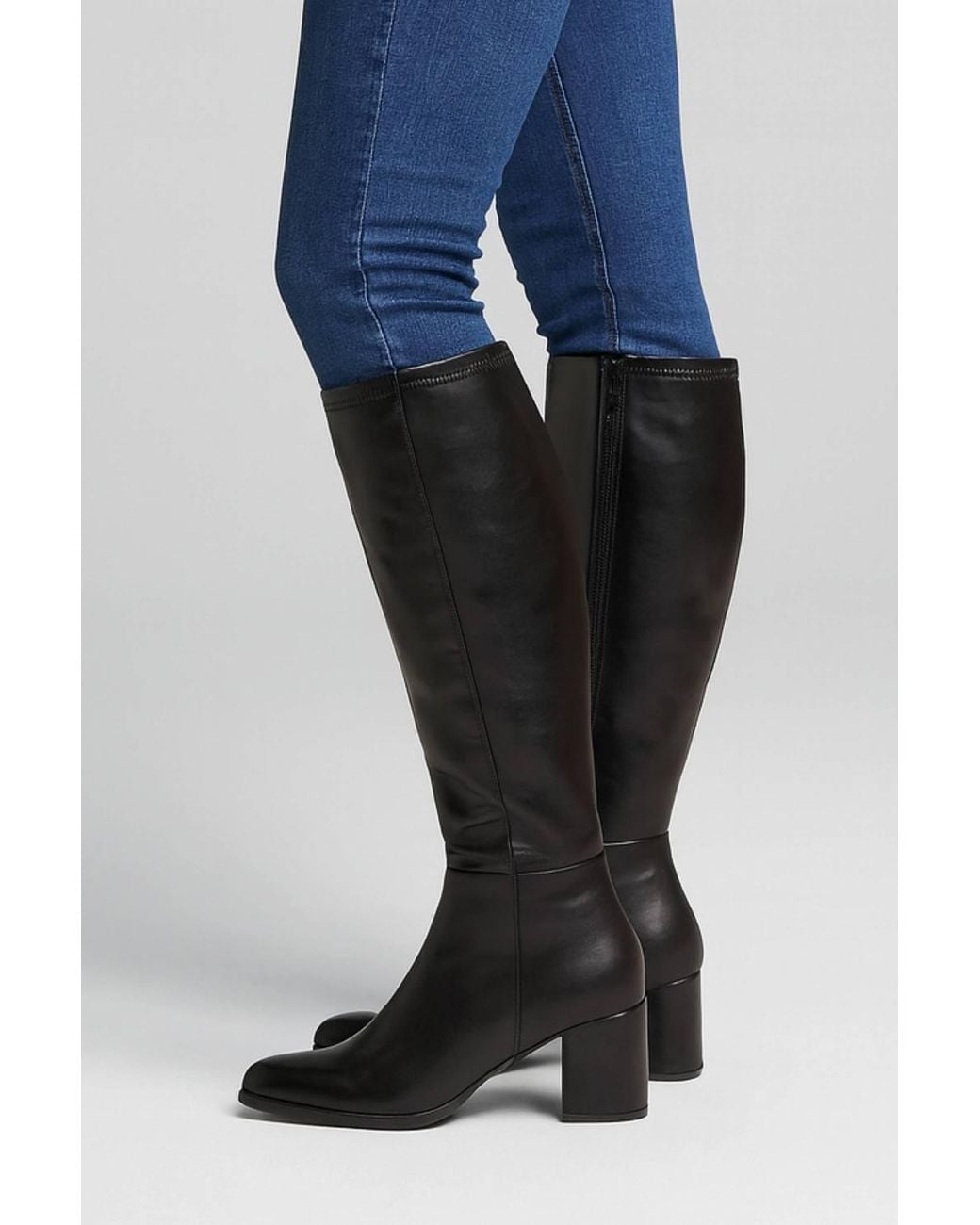 AJVANI Black Mid Block Heel Pointed Toe Stretchy Riding Calf Boots