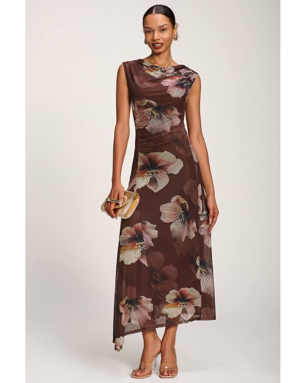 Jolie Moi Brown Asymmetric Draped Mesh Maxi Dress