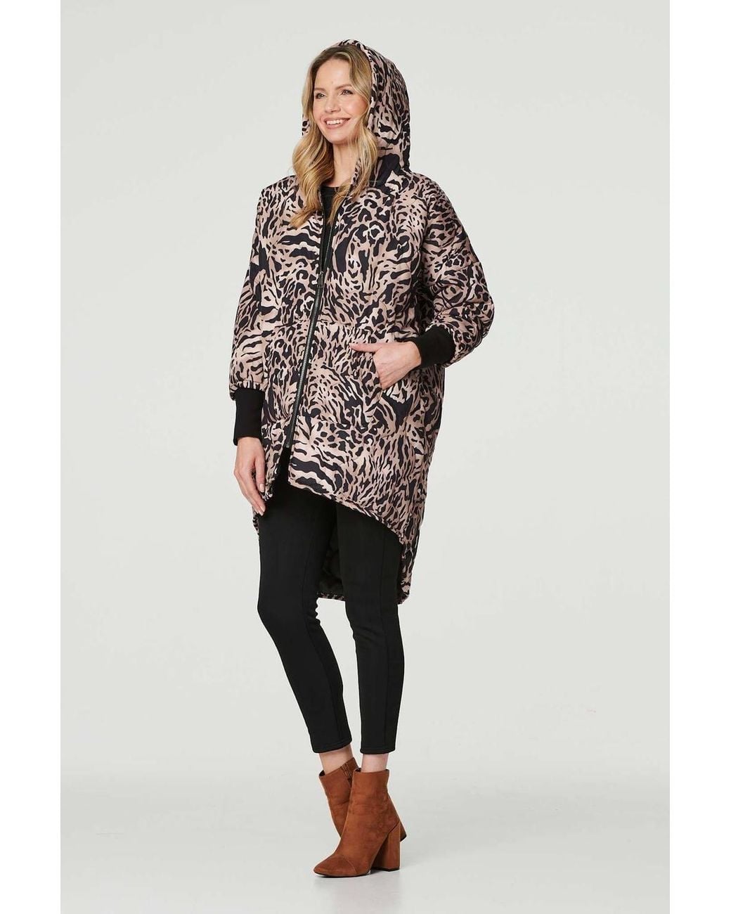 Izabel London Blue Printed Zip Front High Low Coat