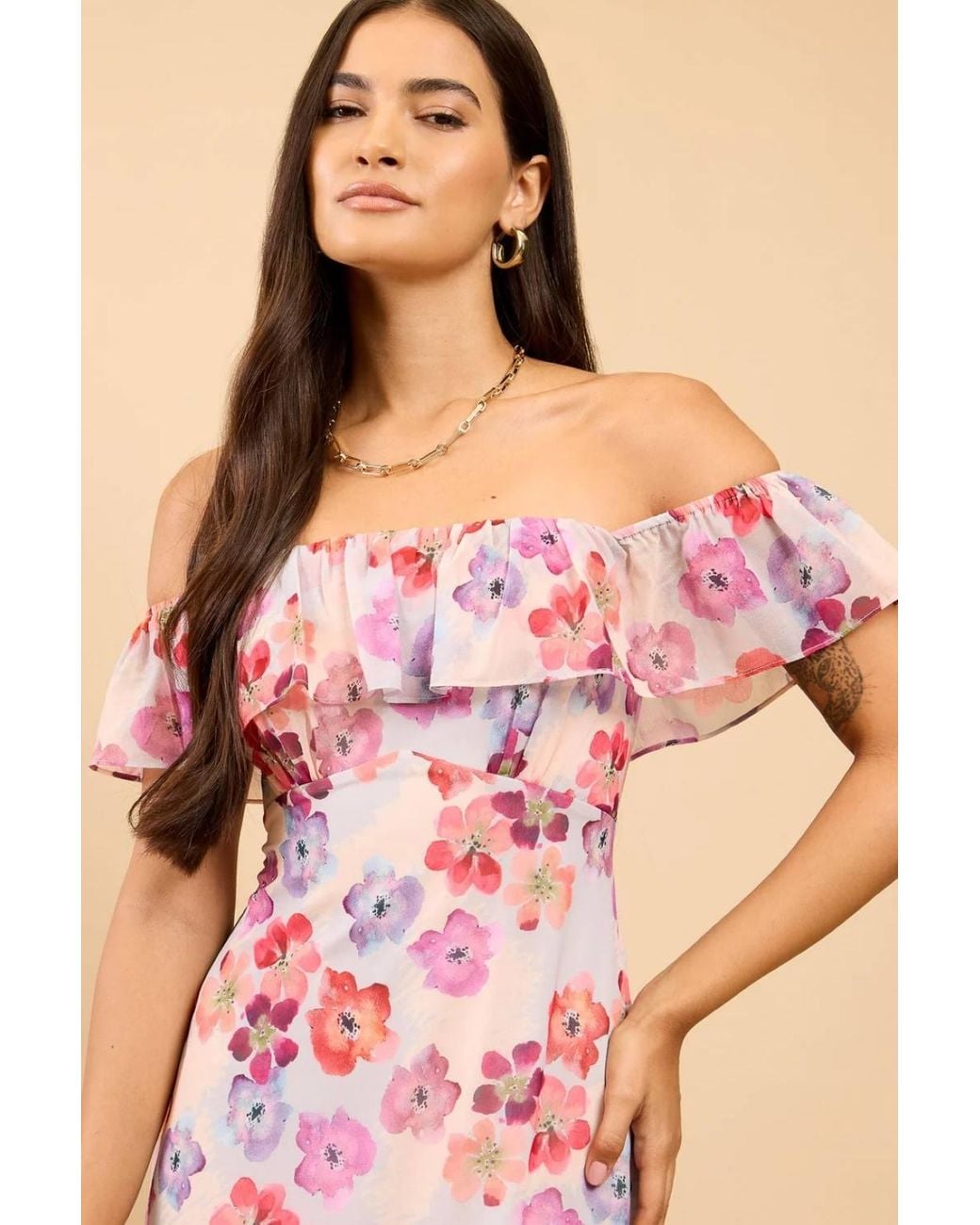 Little Mistress Pink Floral Print Ruffle Bardot Midaxi Dress