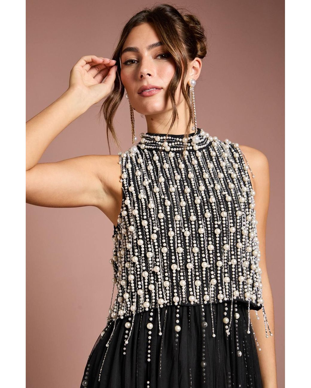Coast Black Pearl Beaded Overlay Georgette Maxi Dress