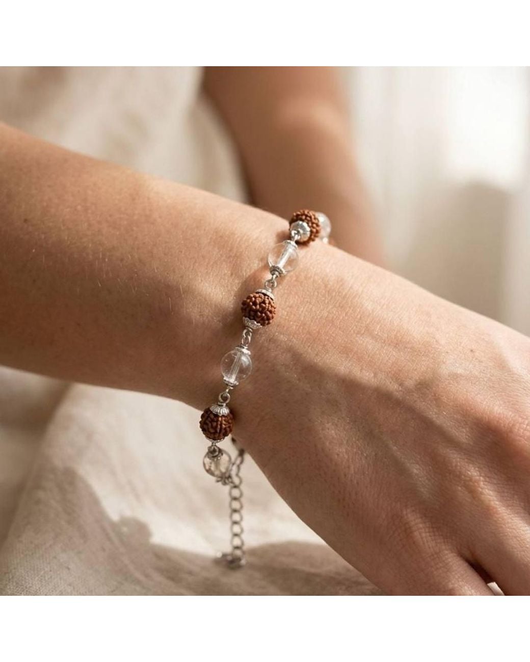 The Colourful Aura Natural Rudraksha & Crystal Quartz Bracelet, -Plated