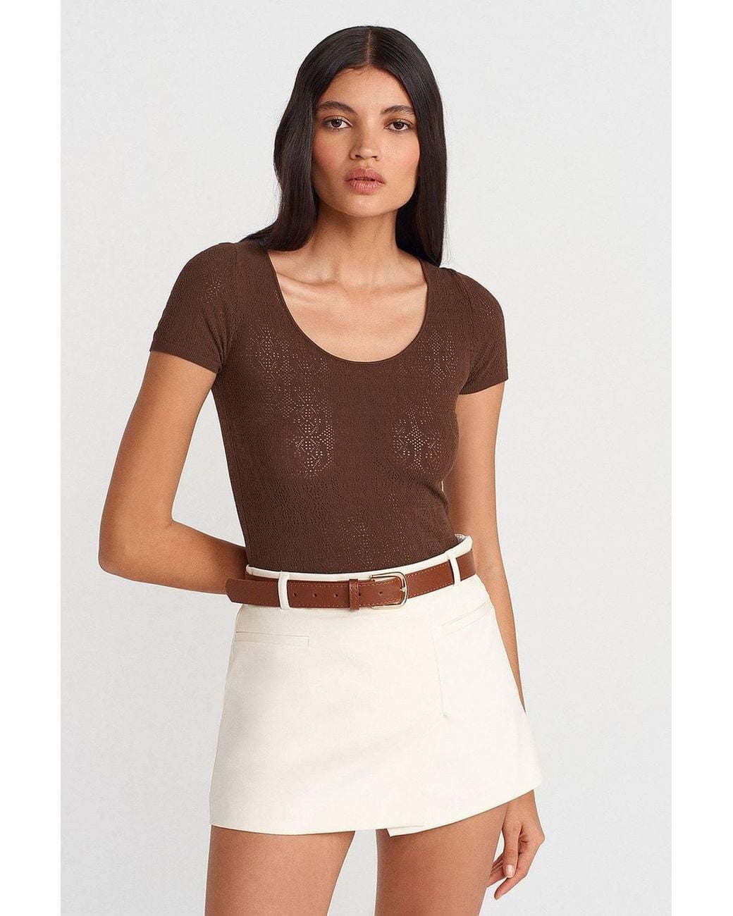 Dilvin Brown Slim Fit Ribbed Textured Blouse