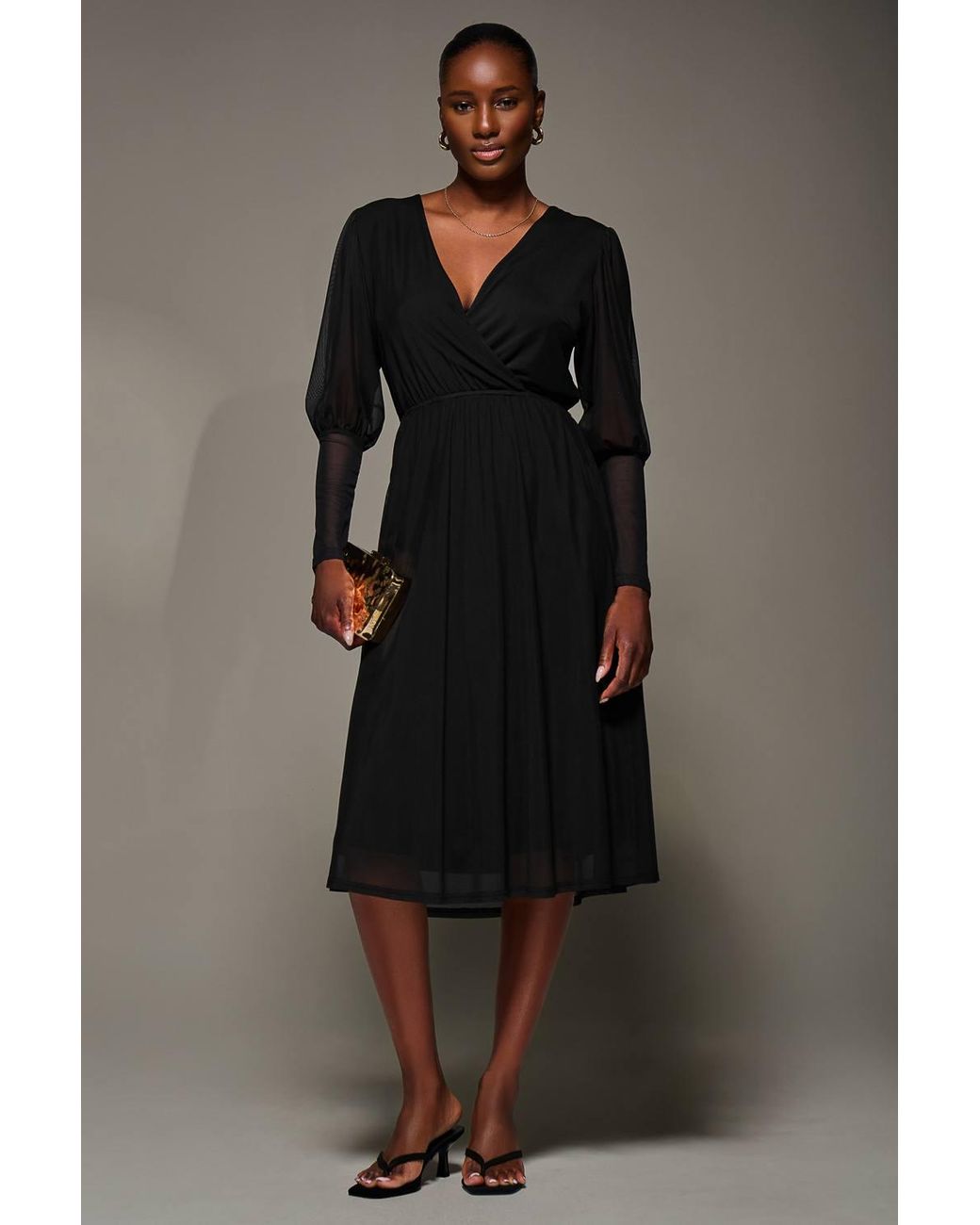 Jolie Moi Black Mesh Long Puff Sleeve Wrap Midi Dress