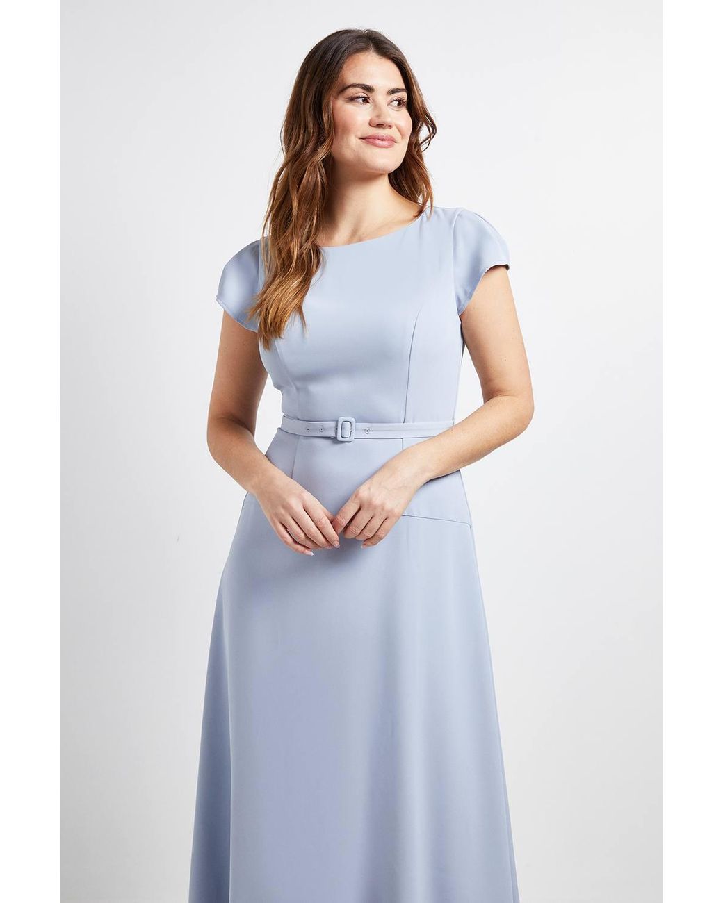 Wallis Blue Crepe Belted Cap Sleeve Midi Dress