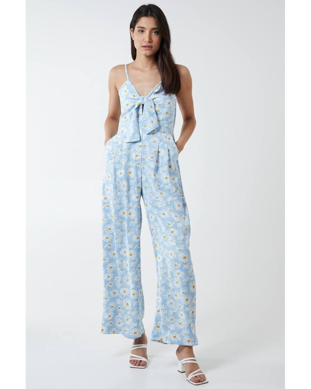 Blue Vanilla Blue Daisy Print Tie Front Jumpsuit