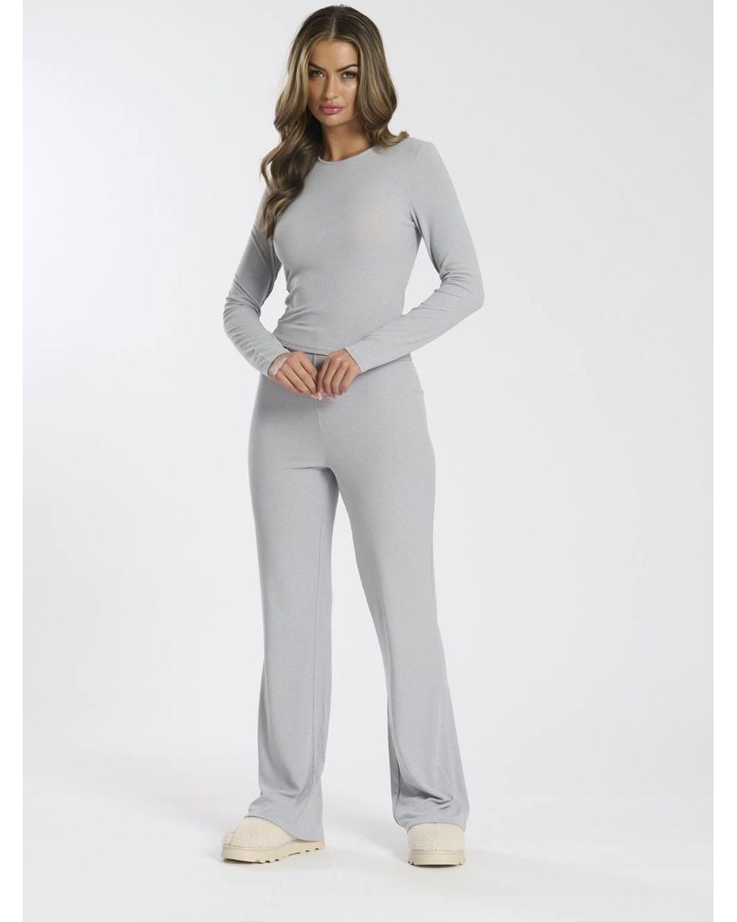 Loungeable White Long Sleeve Top & Flare Legging Lounge Set