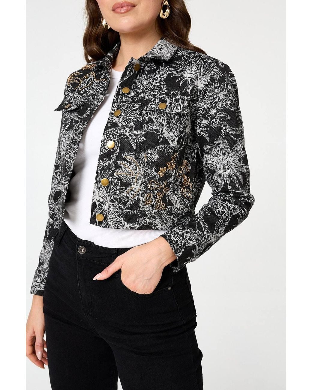 Izabel London Gray Tropical Print Textured Cropped Jacket