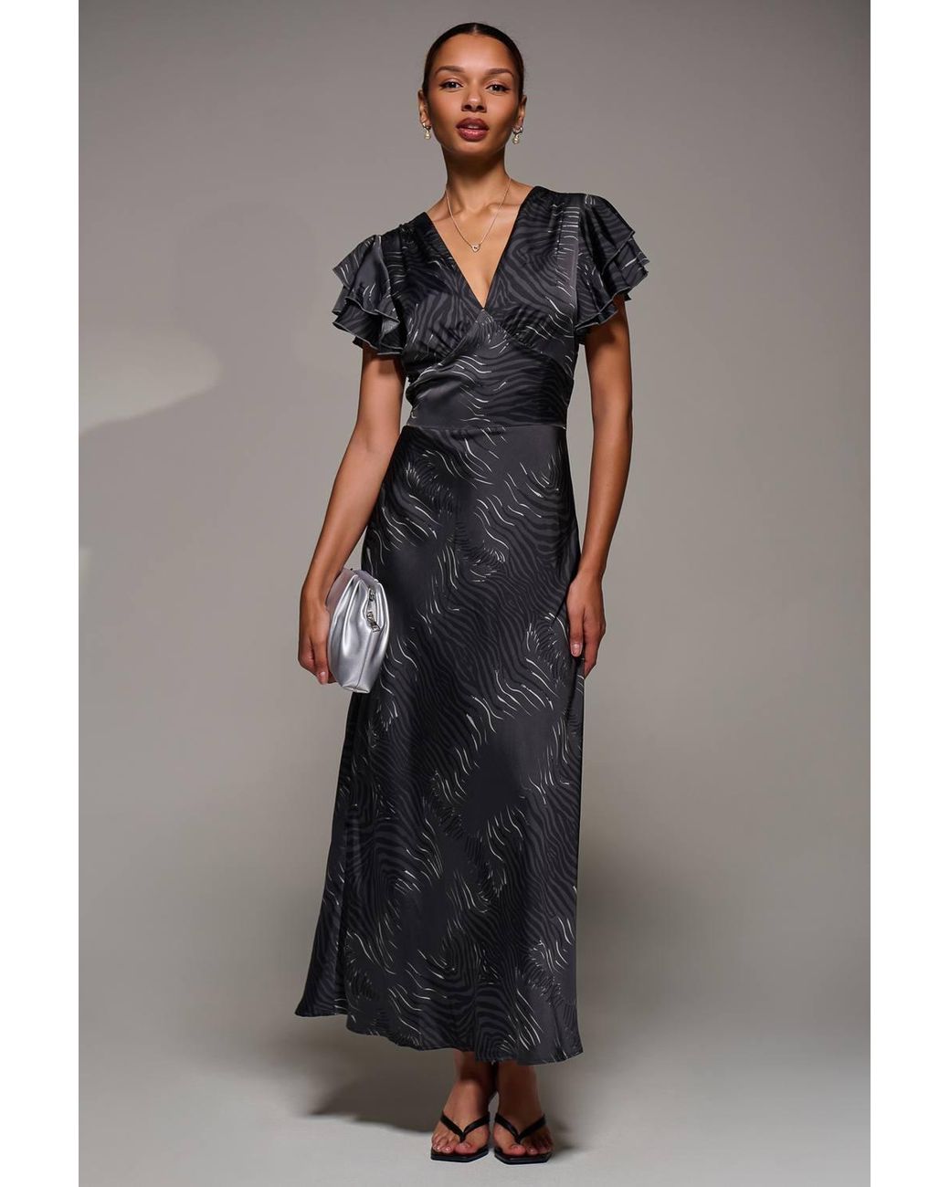 Jolie Moi Blue Ruffle Sleeve Print Satin Maxi Dress