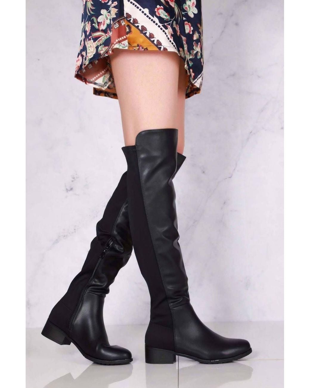 Miss Diva Blue Tyla Over The Knee Elasticated Back Pu Boots