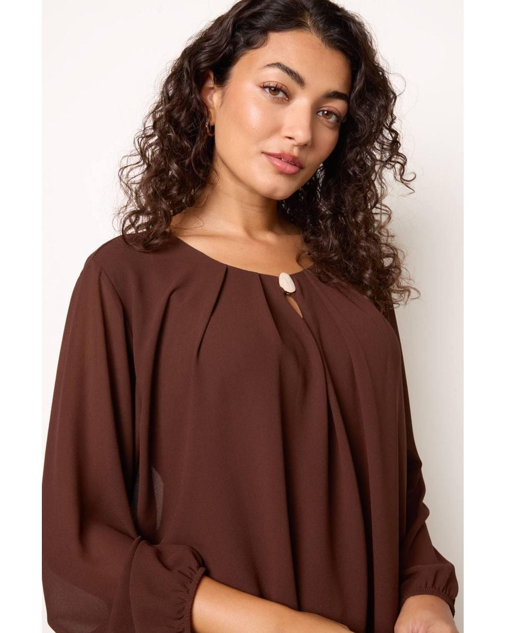 Blue Vanilla Brown Long Sleeve Round Neck Blouse