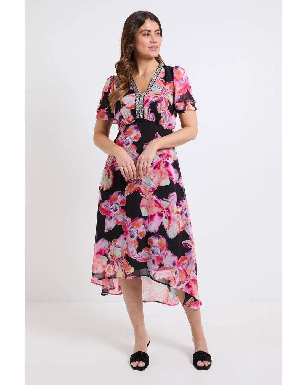 Wallis Pink Floral Chiffon Sequin Insert Midi Dress