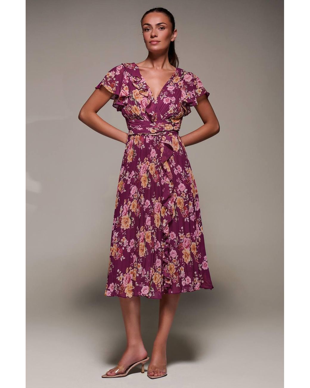 Jolie Moi Pink Printed Ruffle Detail Pleated Chiffon Midi Dress