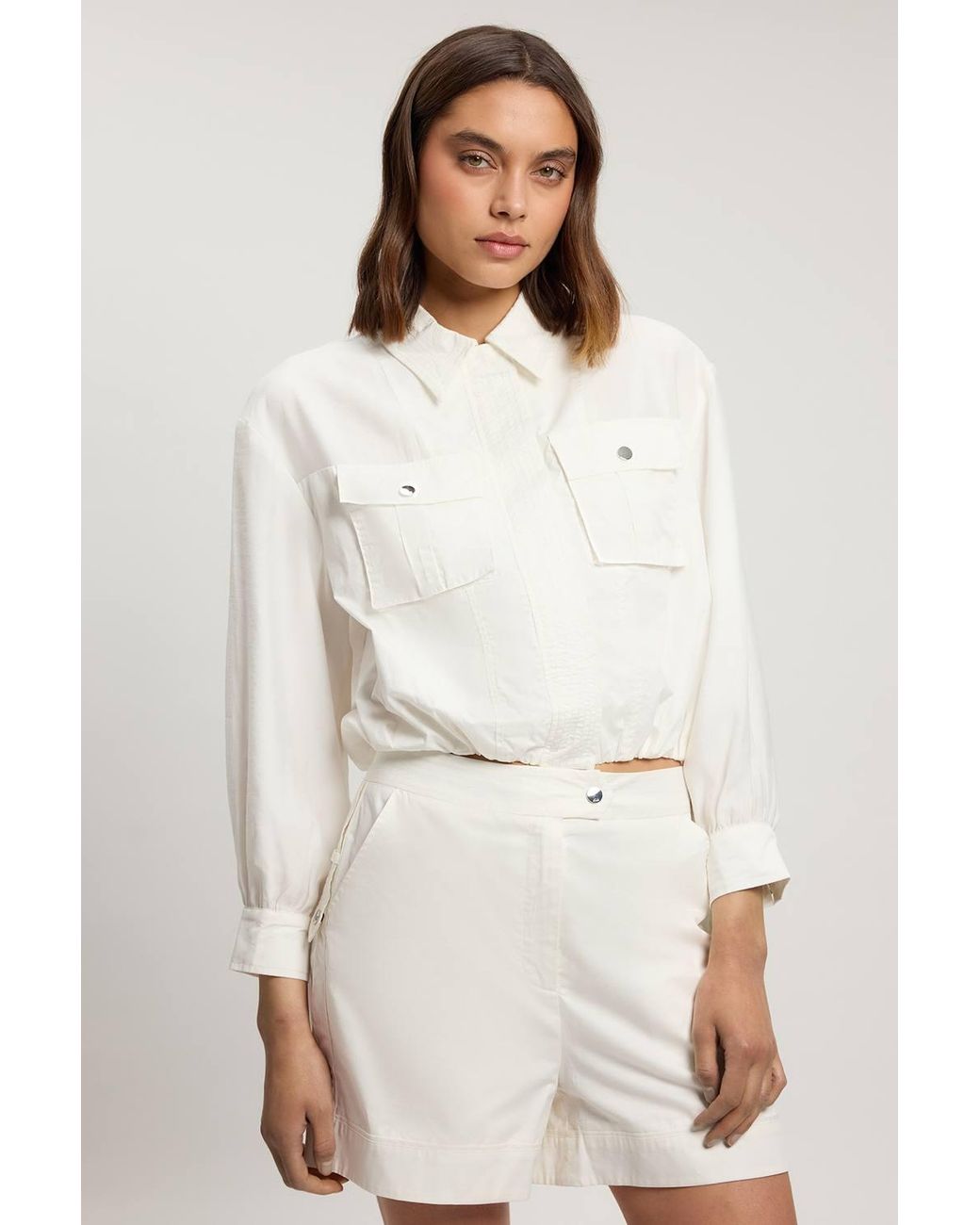 Karen Millen White Utility Organdie Cropped Pocket Detail Bomber Jacket