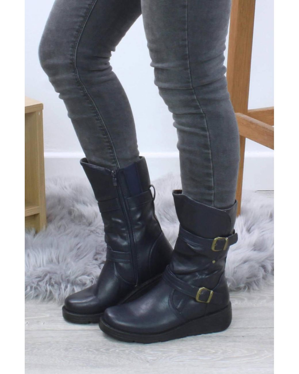 AJVANI Black Low Wedge Heel Comfort Calf Biker Boots