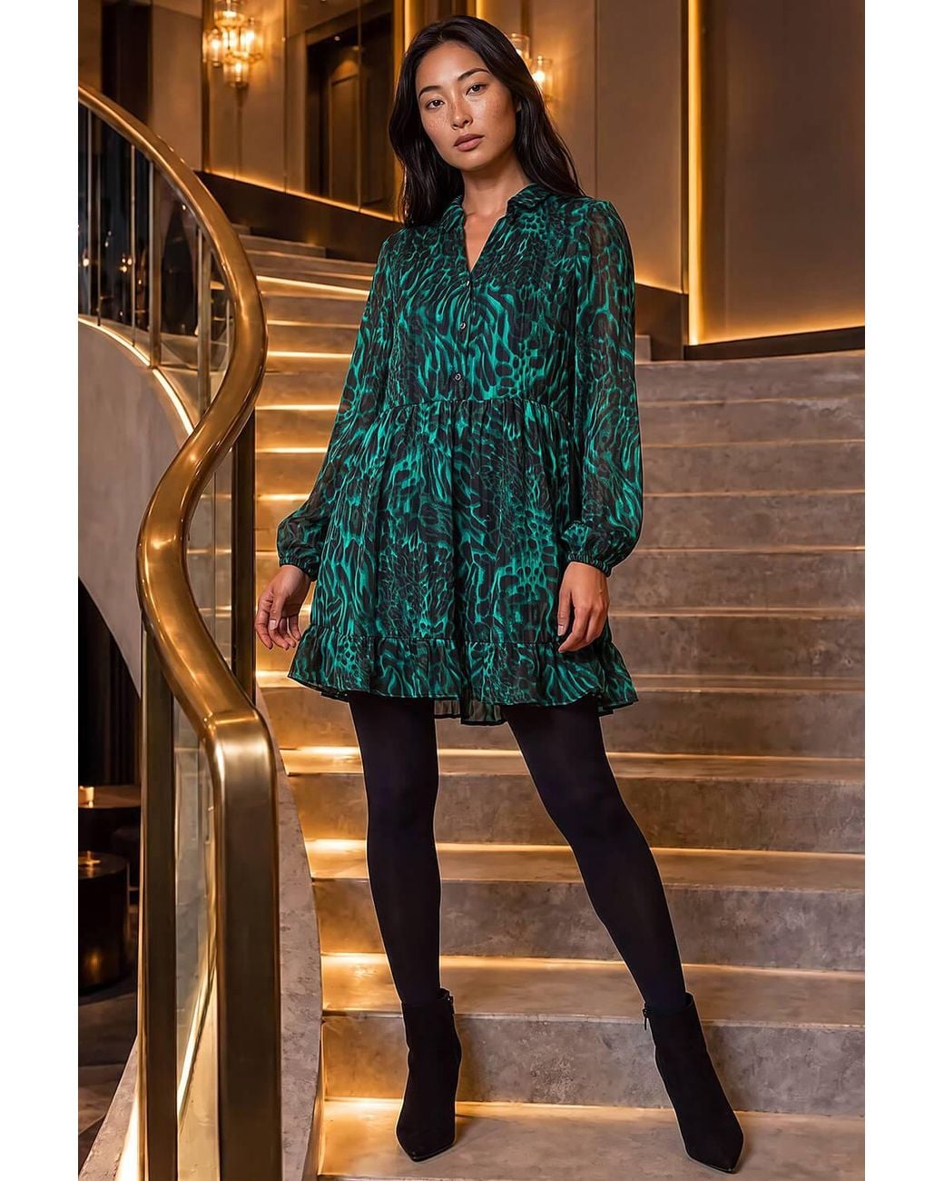 Roman Blue Petite Animal Print Frill Hem Dress