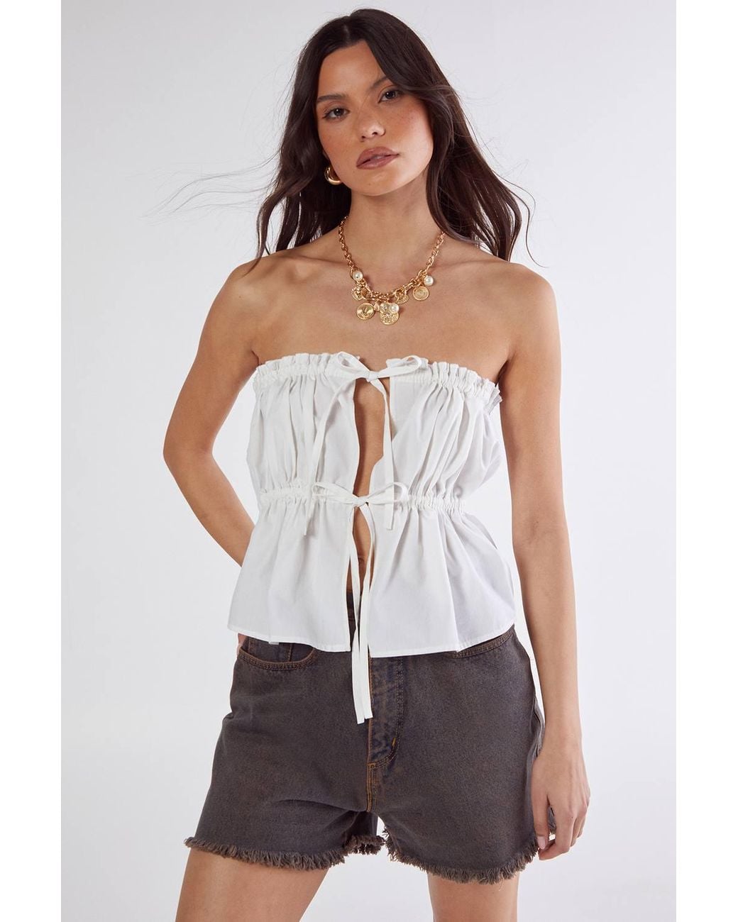 Nasty Gal White Cotton Poplin Bandeau Ruched Tie Front Top