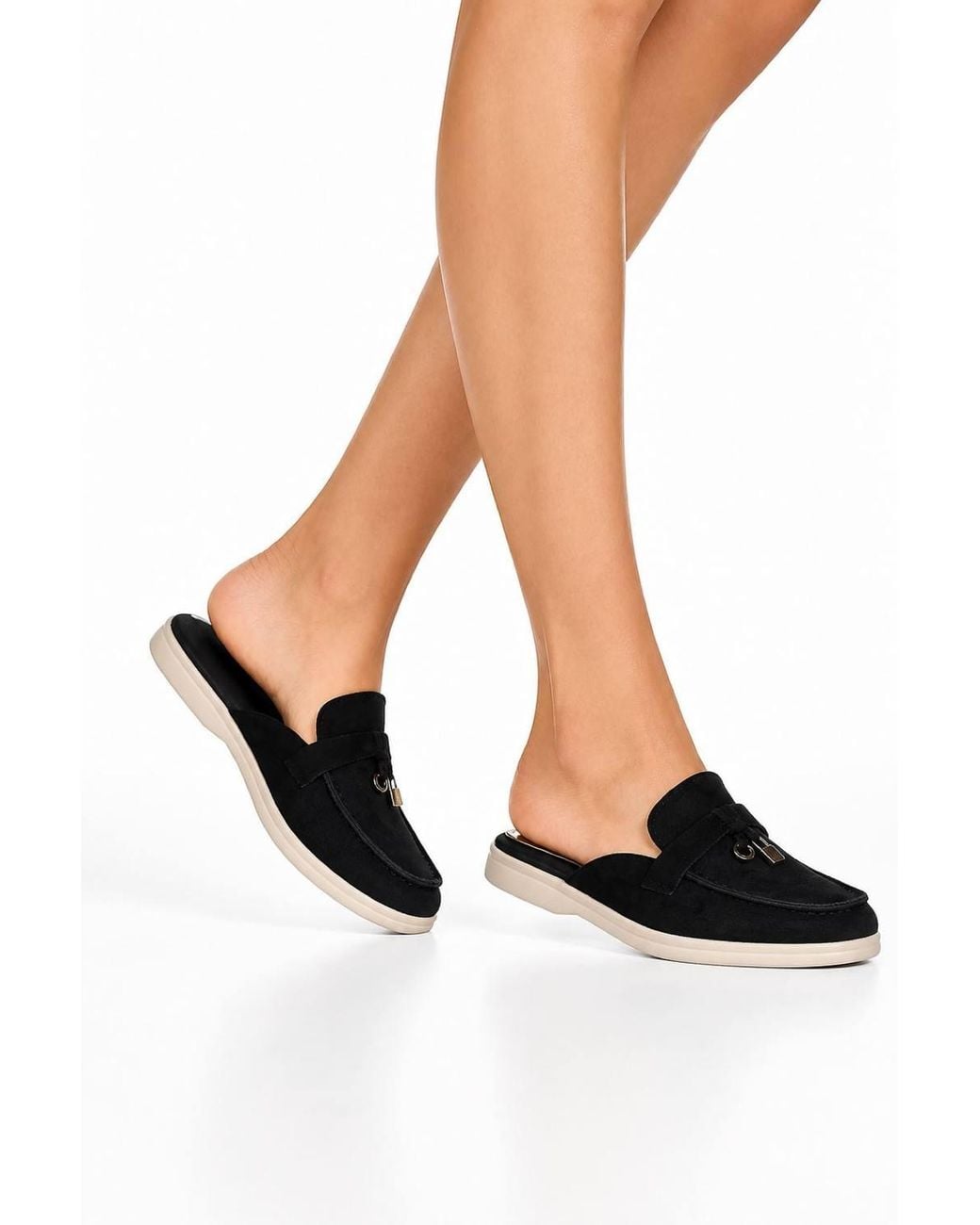 Miss Diva Black Adaloria Padlock Charm Backless Flat Loafers