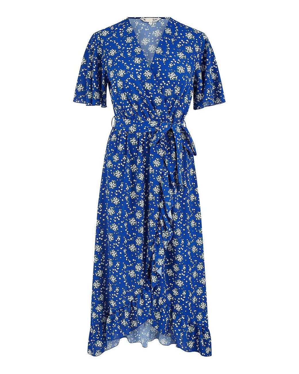 Yumi' Blue Floral Wrap Dress W/ Frill Hem