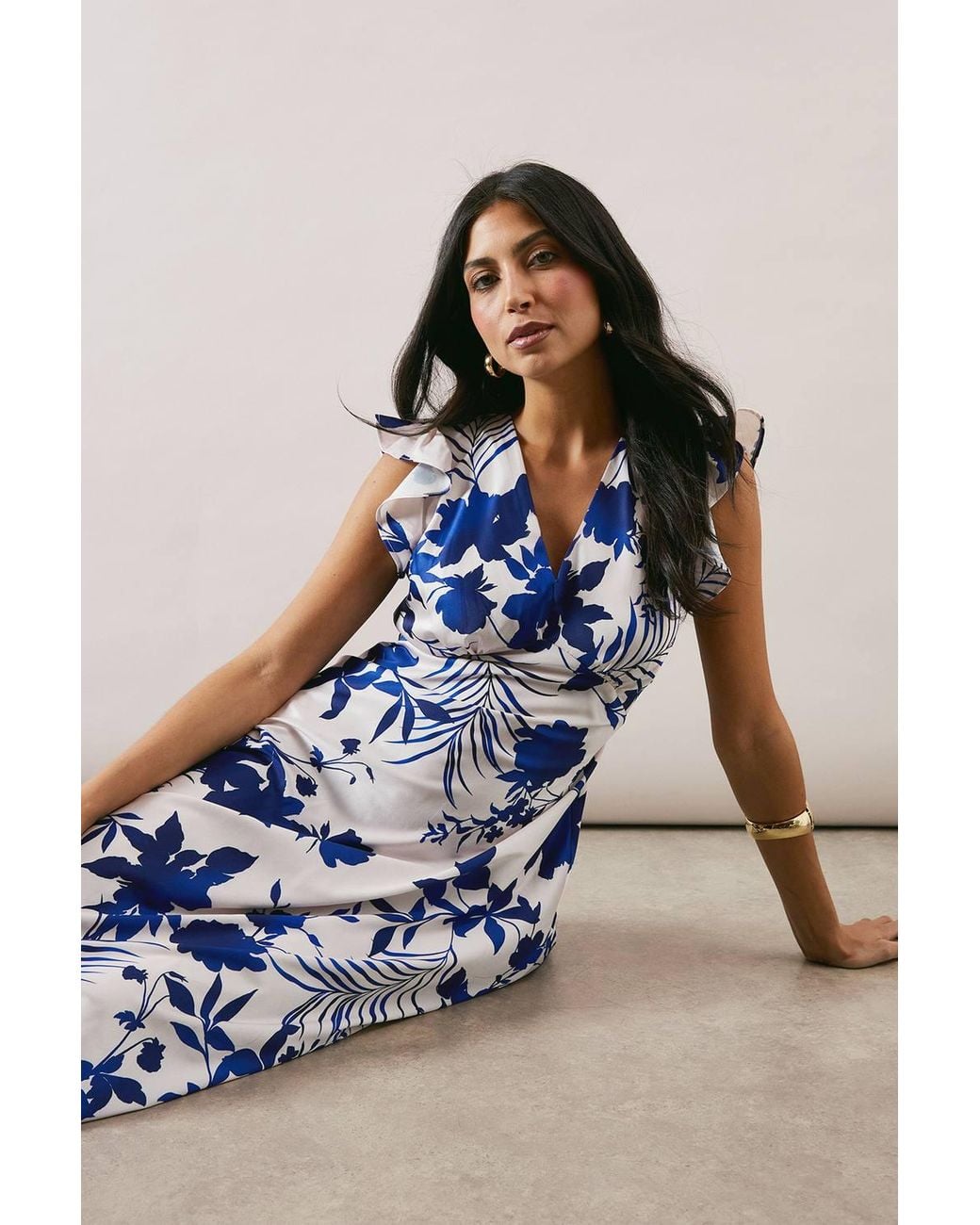 Wallis Blue Floral Print Bias Cut Satin V Neck Dress