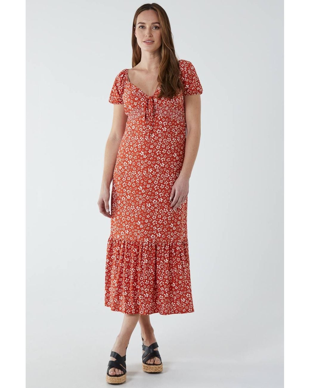 Blue Vanilla Shirred Milkmaid Sweetheart Midi Dress