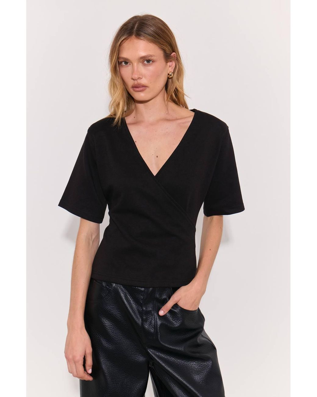 Warehouse Blue Shoulder Pad Fitted Wrap T-Shirt